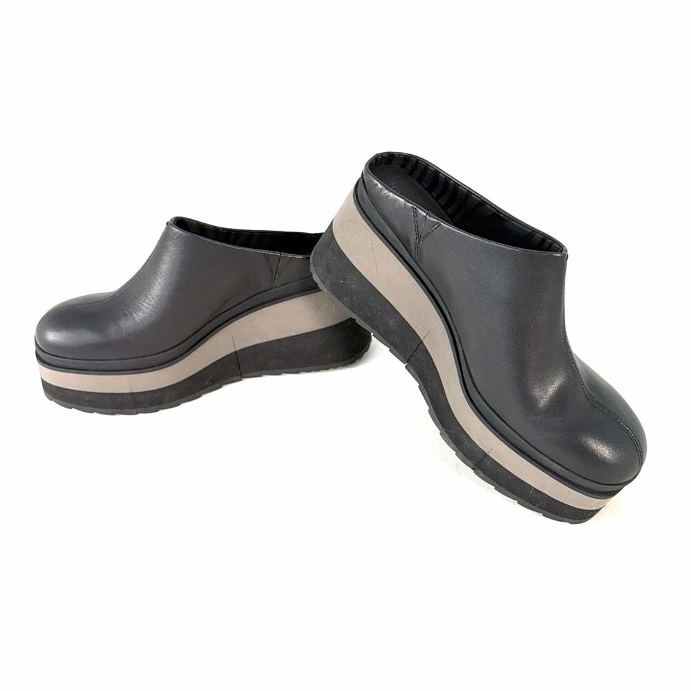 Naked Feet Coach Platform Clogs Size 10 Chunky Shoes Black Leather Slip on Wedge
